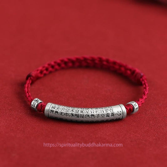 Tibetan Knot Protection Handmade 999 Sterling Silver Om Mani Padme Hum Heart Sutra Carved Luck Rope Bracelet Anklet