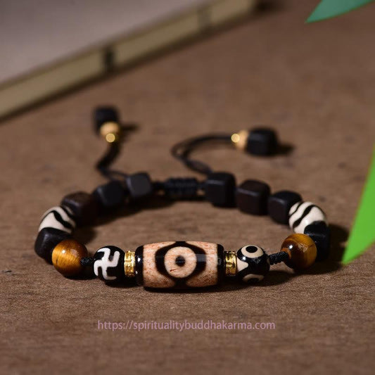 Tibetan Knot Protection Tibetan Ebony Wood Three-eyed Dzi Bead Swastika Luck Bracelet
