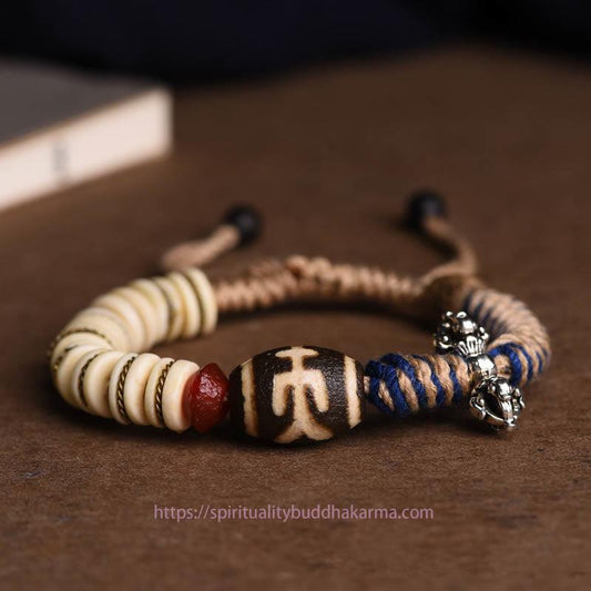 Tibetan Knot Protection Tibetan Yak Bone Dzi Bead Balance Strength Rope Bracelet