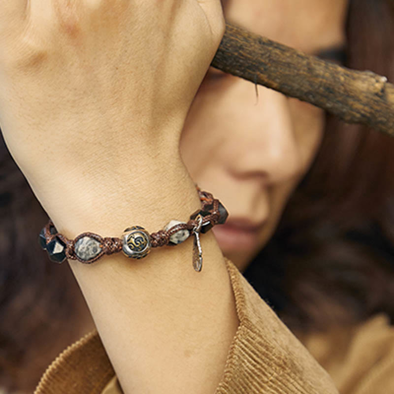 Spirituality Buddha Karma Retro 925 Sterling Silver Silver Sheen Obsidian Transport Rope Handmade Braided Bracelet