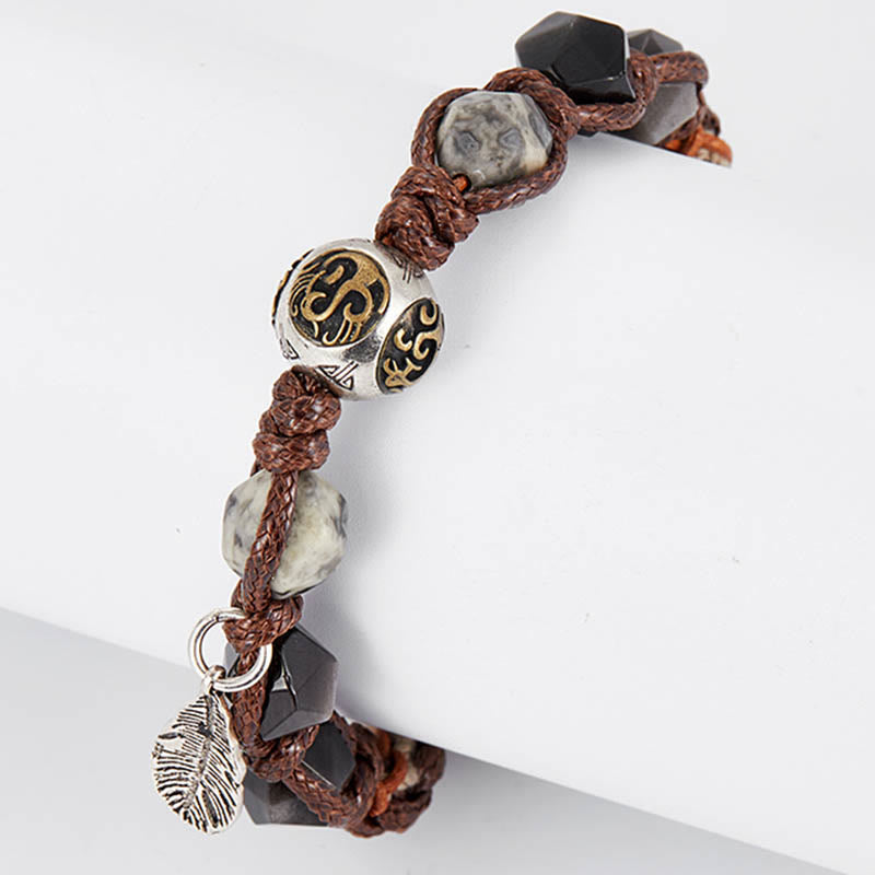 Spirituality Buddha Karma Retro 925 Sterling Silver Silver Sheen Obsidian Transport Rope Handmade Braided Bracelet