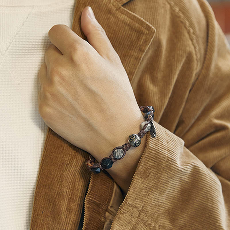 Spirituality Buddha Karma Retro 925 Sterling Silver Silver Sheen Obsidian Transport Rope Handmade Braided Bracelet