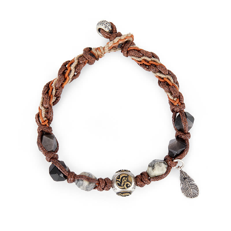 Spirituality Buddha Karma Retro 925 Sterling Silver Silver Sheen Obsidian Transport Rope Handmade Braided Bracelet