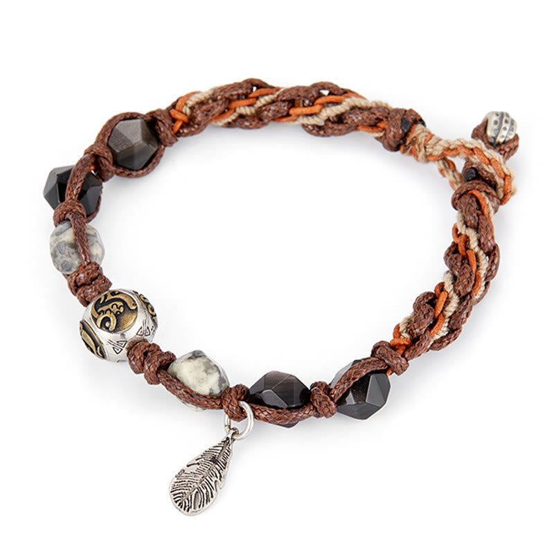 Spirituality Buddha Karma Retro 925 Sterling Silver Silver Sheen Obsidian Transport Rope Handmade Braided Bracelet