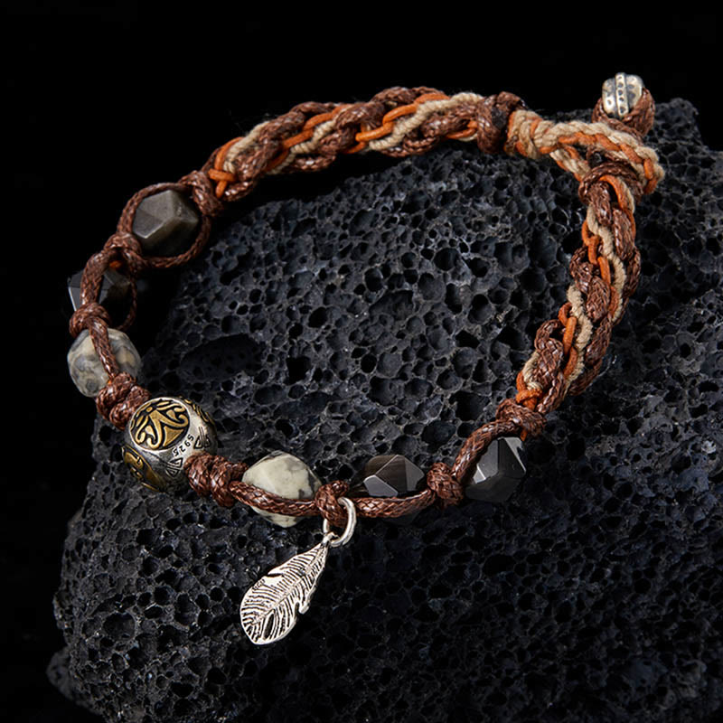 Spirituality Buddha Karma Retro 925 Sterling Silver Silver Sheen Obsidian Transport Rope Handmade Braided Bracelet