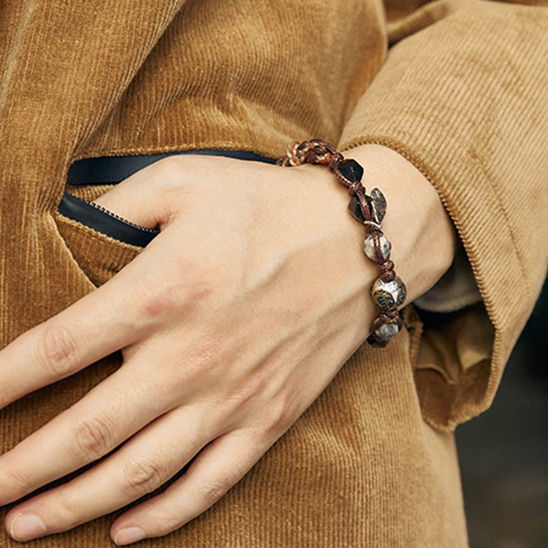 Spirituality Buddha Karma Retro 925 Sterling Silver Silver Sheen Obsidian Transport Rope Handmade Braided Bracelet