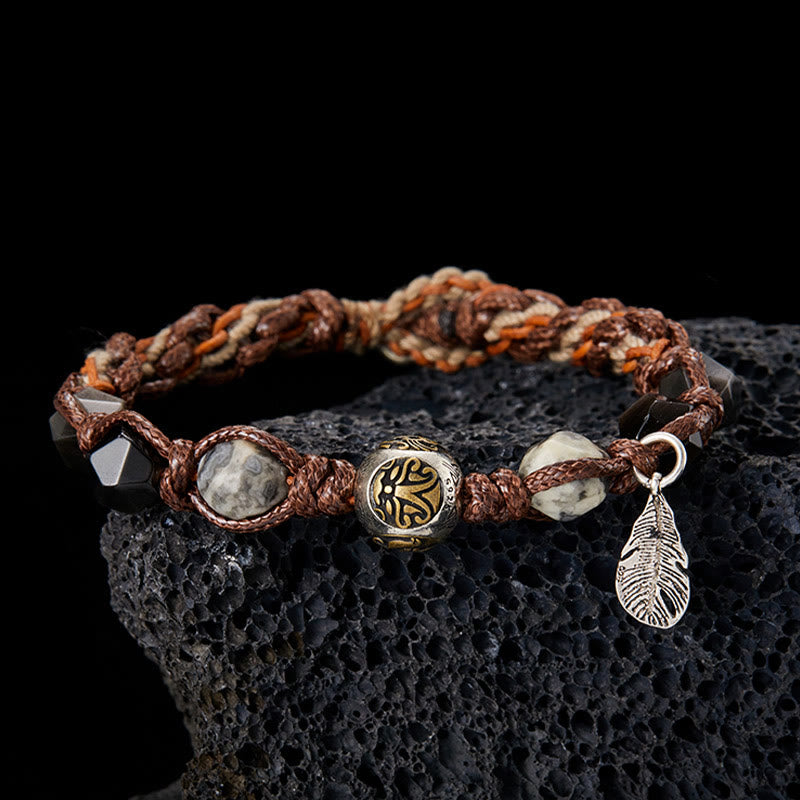 Spirituality Buddha Karma Retro 925 Sterling Silver Silver Sheen Obsidian Transport Rope Handmade Braided Bracelet