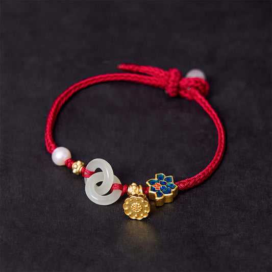 Tibetan Knot Protection Hetian Jade Lotus Peace Buckle Braided Rope Fortune Bracelet
