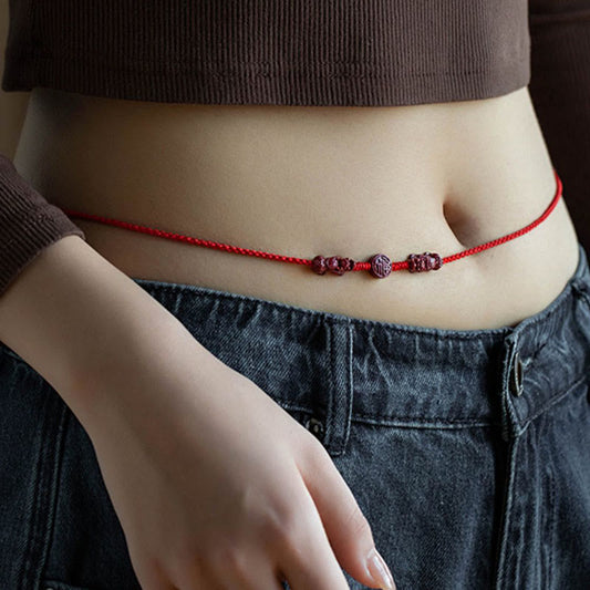 Tibetan Knot Protection Natural Cinnabar PiXiu Calm Blessing Red String Belly Chain