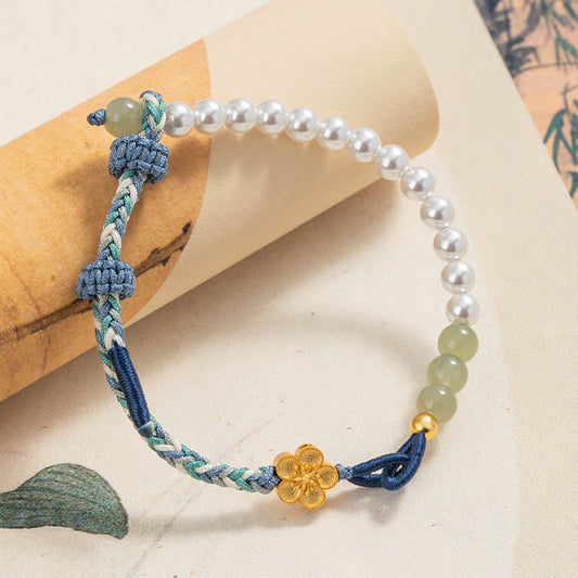 Ancient Tibetan Buddhist Red String Tradition 925 Sterling Silver Hetian Jade Peach Blossom Flower Pearl Braided Luck Bracelet