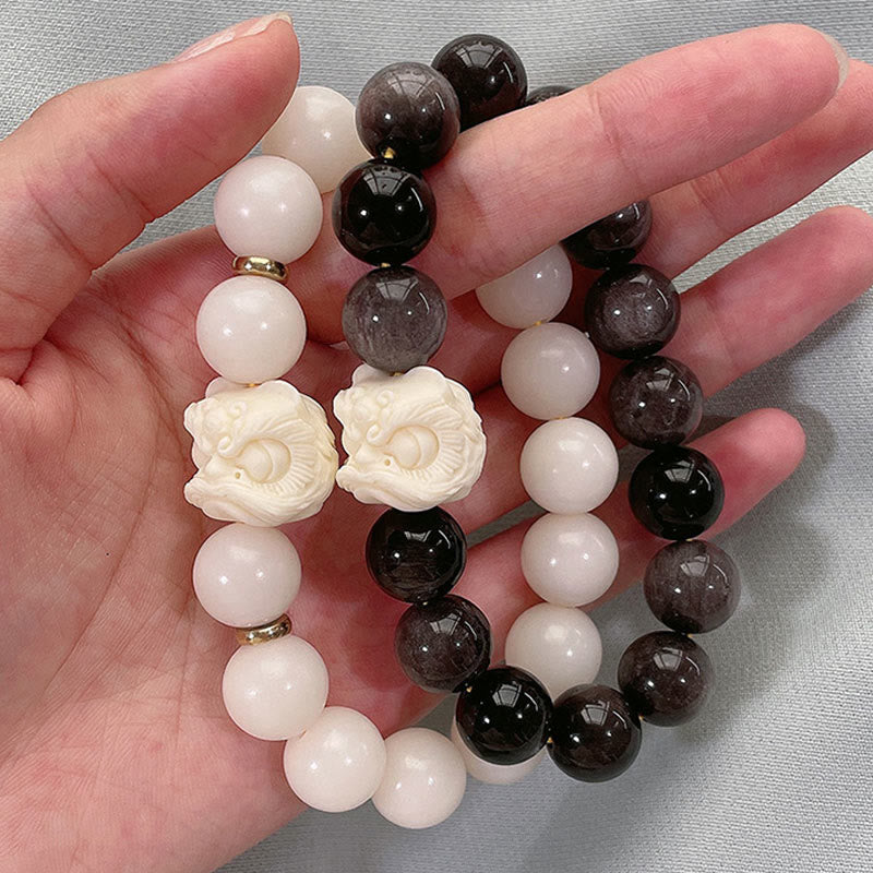 Spirituality Buddha Karma Silver Sheen Obsidian Bodhi Seed Ivory Fruit Dancing Lion Protection Bracelet