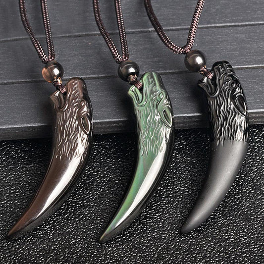 Spirituality Buddha Karma Natural Black Obsidian Ice Obsidian Rainbow Obsidian Wolf Tooth Pattern Strength Necklace Pendant