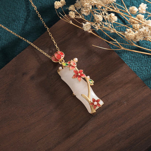 Jade White Jade Bamboo Lotus Flowers Luck Protection Necklace Pendant