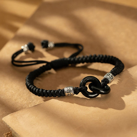 Ancient Tibetan Buddhist Red String Tradition 925 Sterling Silver Natural Hetian Black Jade Double Peace Buckle Swastika Symbol Luck Bracelet