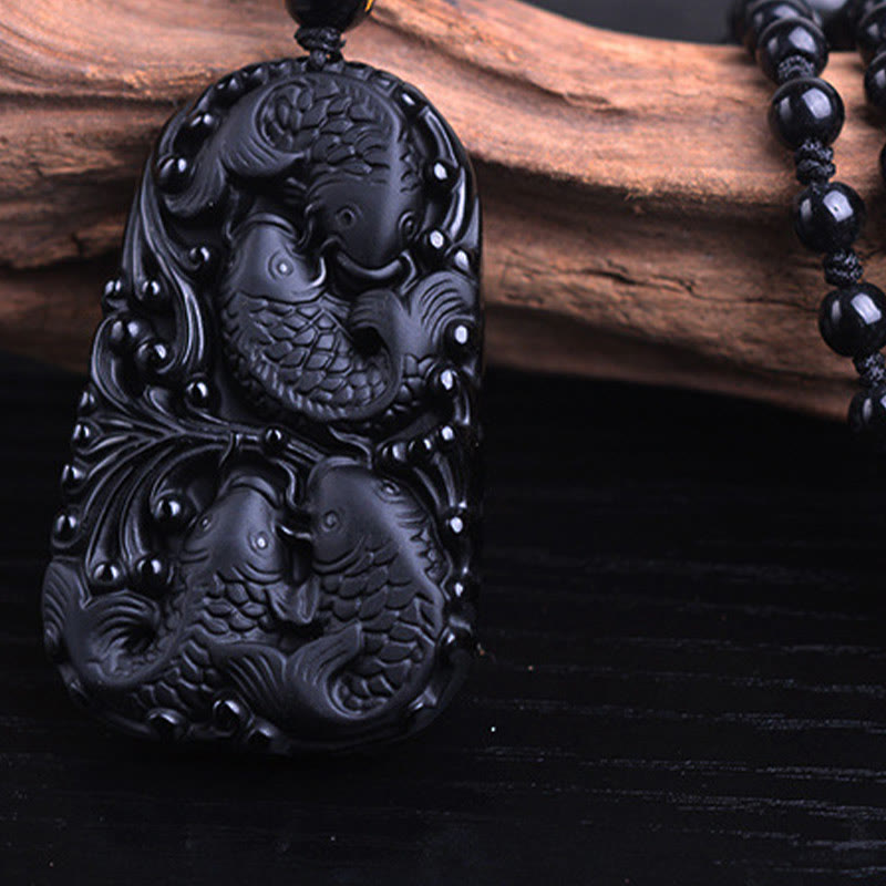 Spirituality Buddha Karma Black Obsidian Koi Fish Engraved Strength Beaded Necklace Pendant