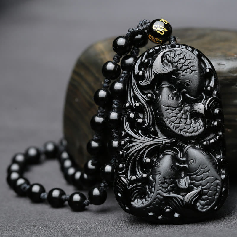 Spirituality Buddha Karma Black Obsidian Koi Fish Engraved Strength Beaded Necklace Pendant