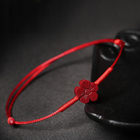 Ancient Tibetan Buddhist Red String Tradition Handmade Plum Blossom Four Leaf Clover PiXiu Lotus Koi Fish Cinnabar Blessing Braid Bracelet