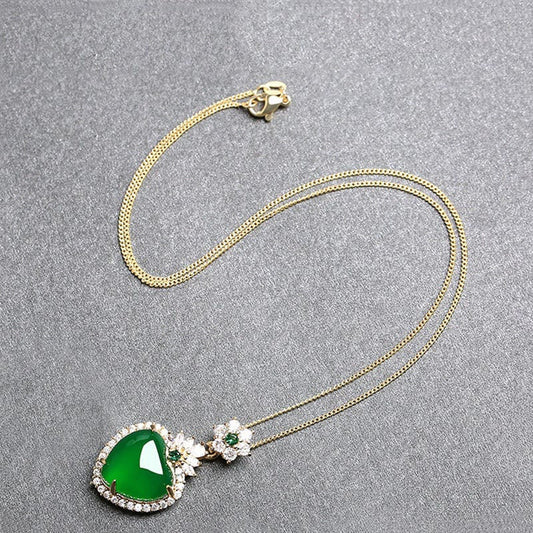 Jade Green Chalcedony Love Heart Design Strength Necklace Pendant
