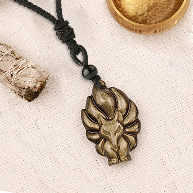 Spirituality Buddha Karma Natural Fluorite Gold Sheen Obsidian Fox Pendant Protection Necklace