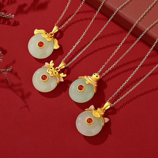 Jade 925 Sterling Silver Hetian Jade Chinese Zodiac Year of the Dragon Red Agate Luck Protection Necklace Pendant