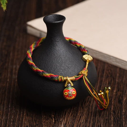 Ancient Tibetan Buddhist Red String Tradition Gold Swallowing Beast Family Luck Reincarnation Knot Colorful String Bracelet
