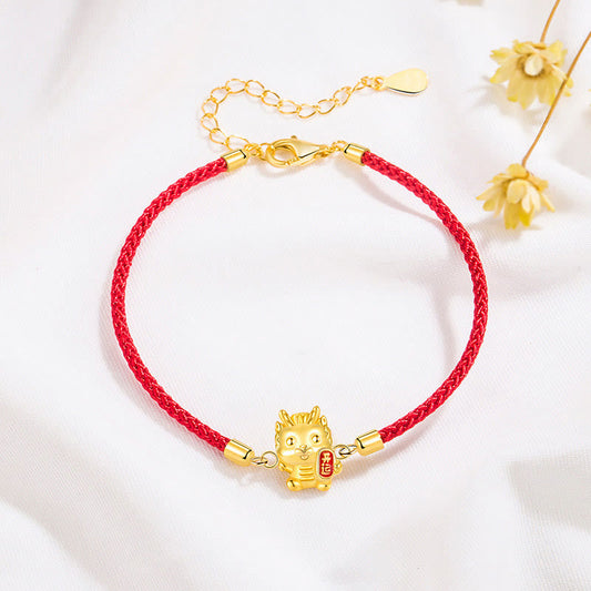 Ancient Tibetan Buddhist Red String Tradition 925 Sterling Silver Year Of The Dragon Lucky Golden Dragon Strength Red Rope Chain Bracelet