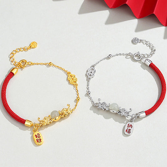 Ancient Tibetan Buddhist Red String Tradition Year of the Dragon 925 Sterling Silver Hetian Jade Attract Fortune Fu Character Luck Bracelet