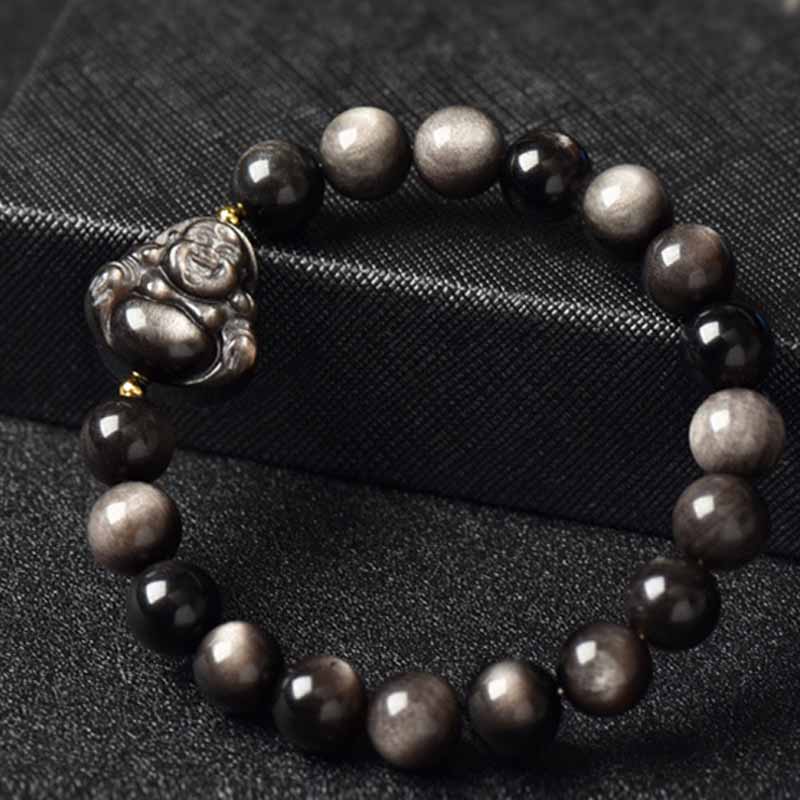 Spirituality Buddha Karma Silver Sheen Obsidian Lotus Flower Nine Tailed Fox Laughing Buddha Protection Bracelet