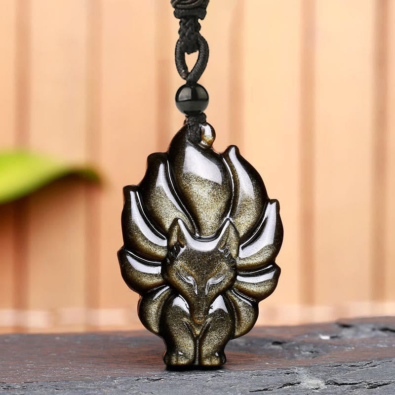 Spirituality Buddha Karma Natural Fluorite Gold Sheen Obsidian Fox Pendant Protection Necklace