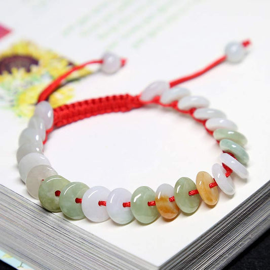 Ancient Tibetan Buddhist Red String Tradition Round Jade Lucky Red String Weave Bracelet