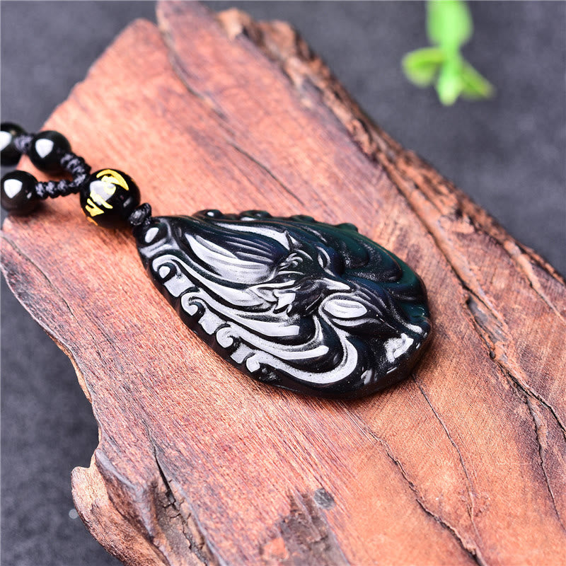 Spirituality Buddha Karma Natural Rainbow Obsidian Nine Tailed Fox Inner Peace Necklace Beaded String Pendant