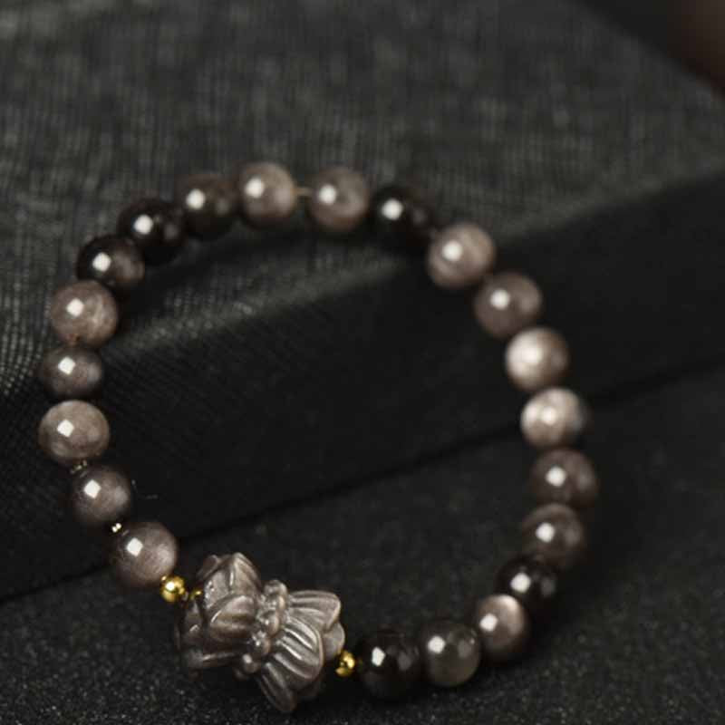 Spirituality Buddha Karma Silver Sheen Obsidian Lotus Flower Nine Tailed Fox Laughing Buddha Protection Bracelet
