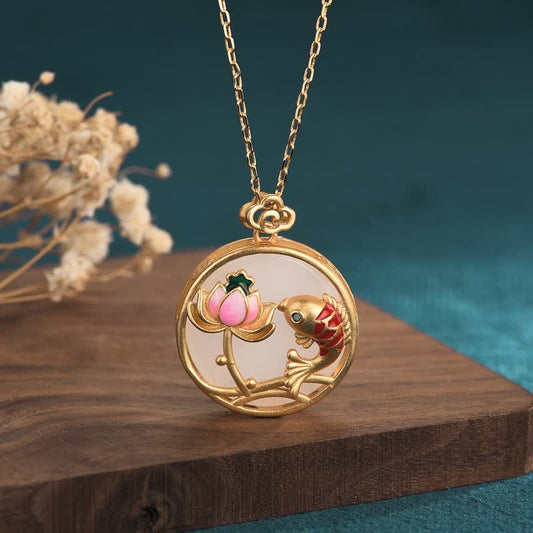 Jade White Jade Koi Fish Lotus Blessing Necklace Pendant