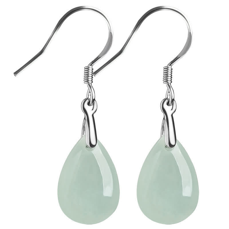 Jade 925 Sterling Silver Jade Water Drop Pattern Luck Prosperity Dangle Earrings
