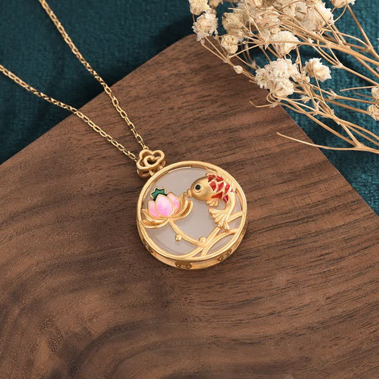 Jade White Jade Koi Fish Lotus Blessing Necklace Pendant