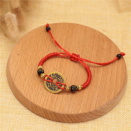 Ancient Tibetan Buddhist Red String Tradition Copper Coin Fortune Red String Weave Bracelet