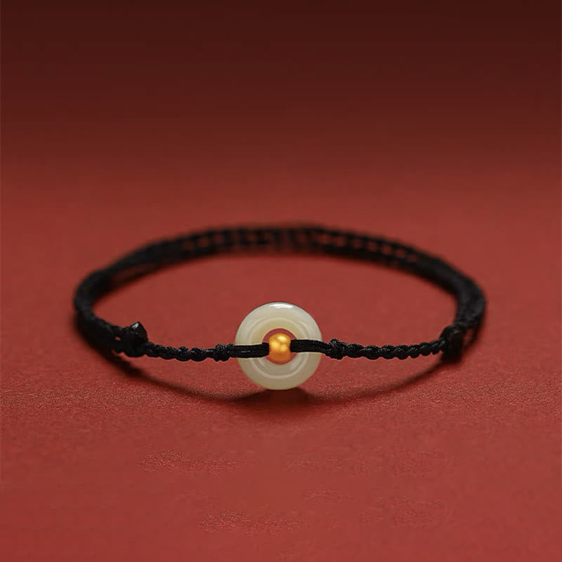 Jade 999 Gold Bead Round Peace Buckle Hetian Jade Luck Abundance Braided Bracelet Anklet
