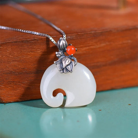 Jade  White Jade Elephant Lotus Protection Necklace Pendant