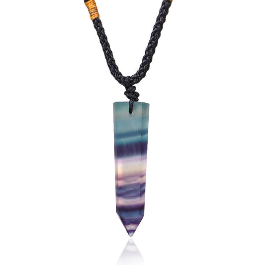 Rainbow Fluorite Six-Sided Pendant Necklace - Natural Stone Crystal Column Pendant