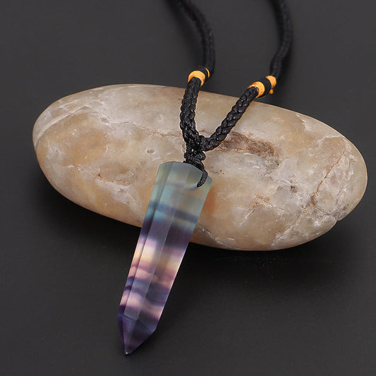 Rainbow Fluorite Six-Sided Pendant Necklace - Natural Stone Crystal Column Pendant