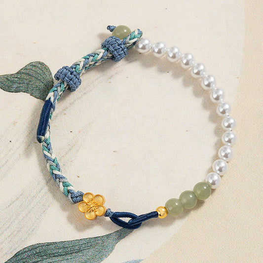 Ancient Tibetan Buddhist Red String Tradition 925 Sterling Silver Hetian Jade Peach Blossom Flower Pearl Braided Luck Bracelet