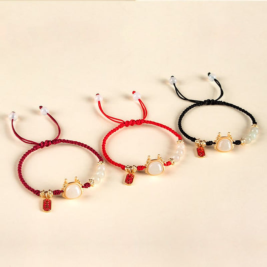 Ancient Tibetan Buddhist Red String Tradition Year of the Dragon Hetian White Jade Fu Character Peace And Joy Protection Bracelet