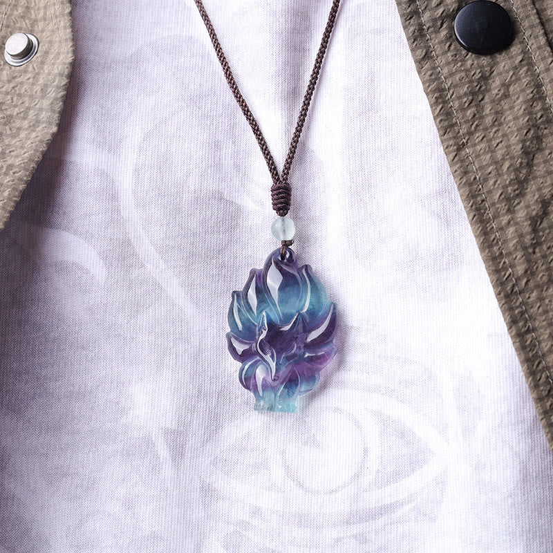 Spirituality Buddha Karma Natural Fluorite Gold Sheen Obsidian Fox Pendant Protection Necklace