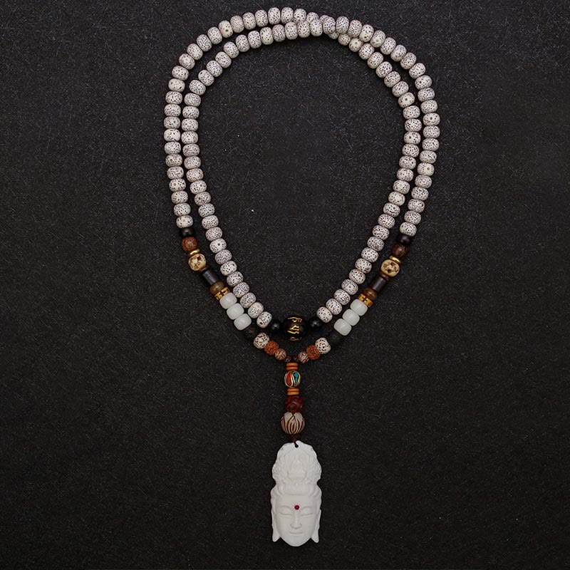 Spirituality 108 Mala Beads Bodhi Seed Yak Bone Avalokitesvara Lucky Pixiu Guan Gong Buddha Demon Peace Tassel Bracelet