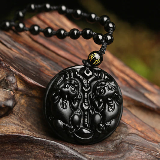 Spirituality Buddha Karma Black Obsidian Double Pixiu Bead Rope Purification Necklace Pendant