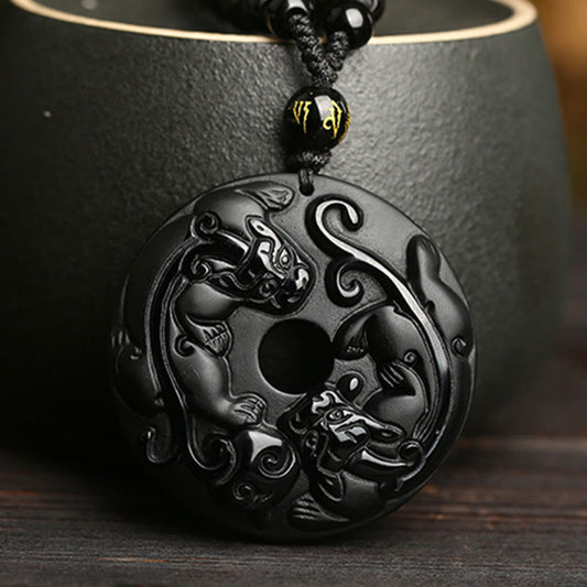 Spirituality Buddha Karma Natural Black Obsidian Peace Buckle Pixiu Bead Rope Strength Necklace Pendant