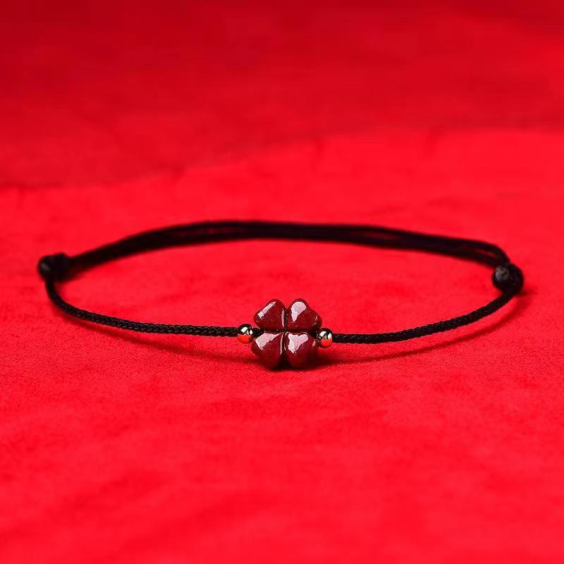 Spirituality Buddha Karma Natural Cinnabar Four Leaf Clover Blessing Red String Bracelet Anklet
