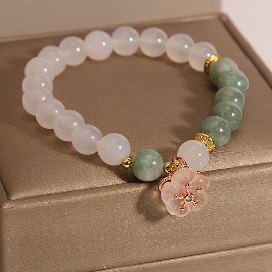 Jade White Agate Jade Flower Charm Luck Protection Bracelet