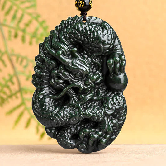 Jade Hetian Cyan Jade Dragon Success Harmony Necklace Beaded String Pendant
