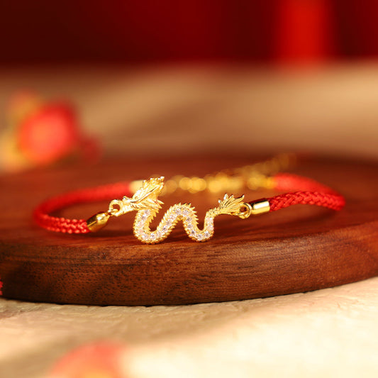 Ancient Tibetan Buddhist Red String Tradition 925 Sterling Silver Year Of The Dragon Auspicious Golden Dragon Luck Red Rope Chain Bracelet (Extra 30% Off | USE CODE: FS30)